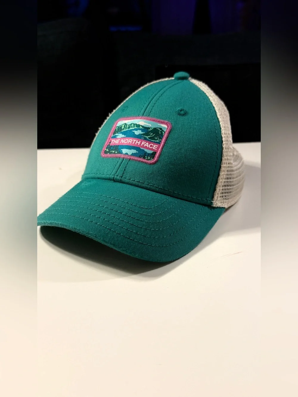 The North Face Teal & White Trucker Hat, Mountain Patch